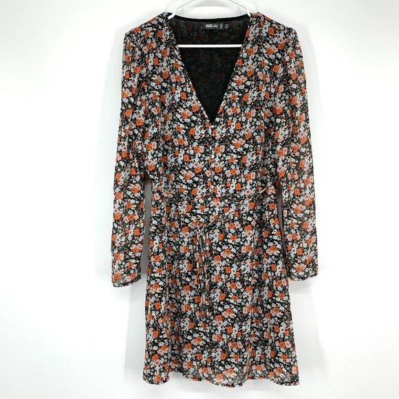 Missguided Dress Floral Print V Neck Long Sleeve Button Tie Waist Mini - Picture 3 of 12